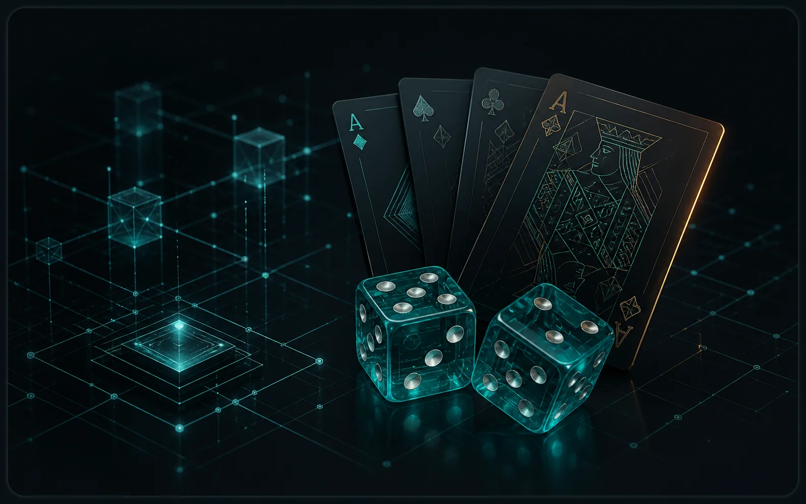 Teal precision dice and black playing cards connected by a technical BlockDAG network
