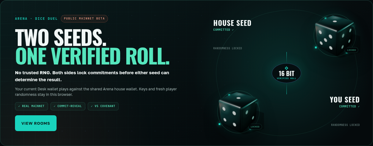 KaspaForge Dice lobby with house seed and player seed committed before one verified roll