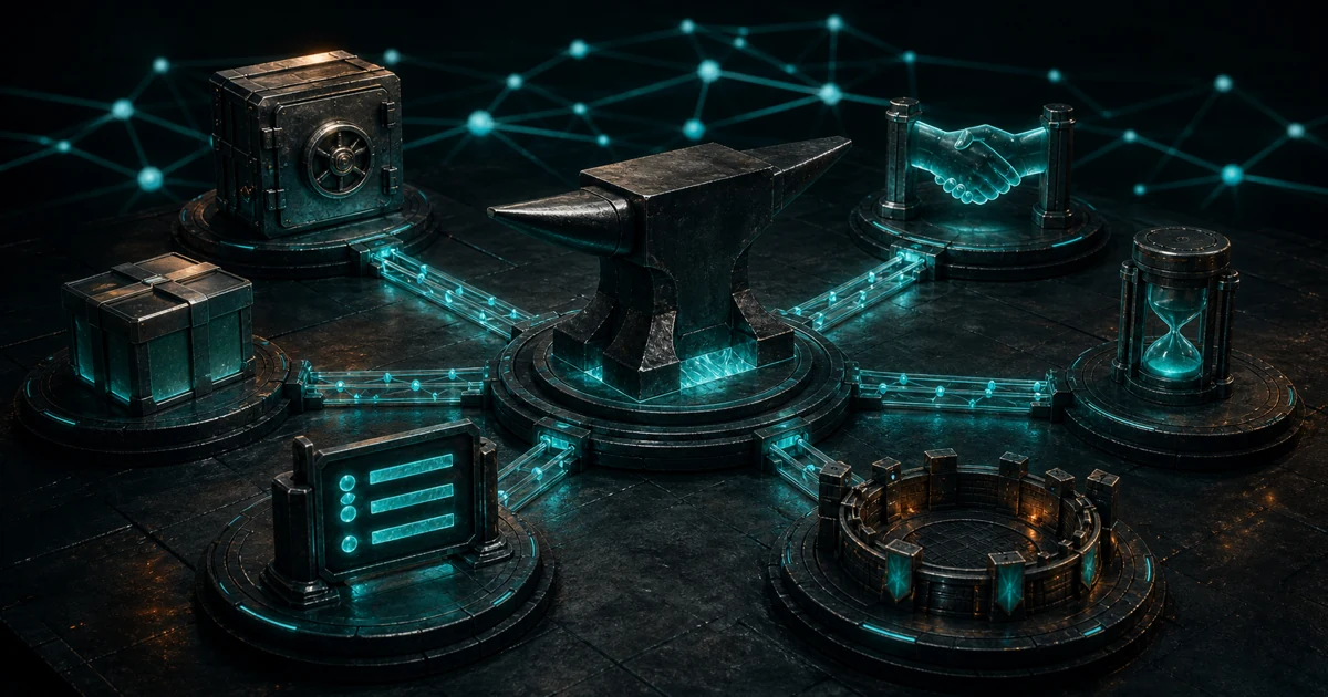 The Kaspa Forge ecosystem visualized as a digital forge connected by a BlockDAG network