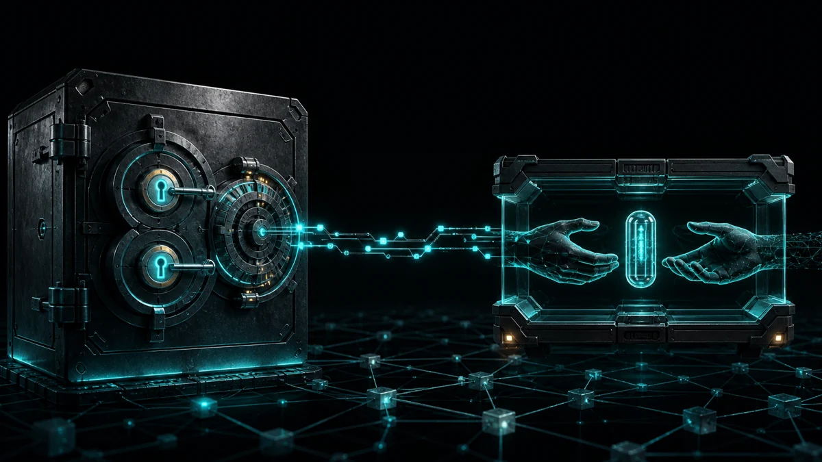 A vault with two separate key mechanisms and a protected escrow exchange above a BlockDAG network