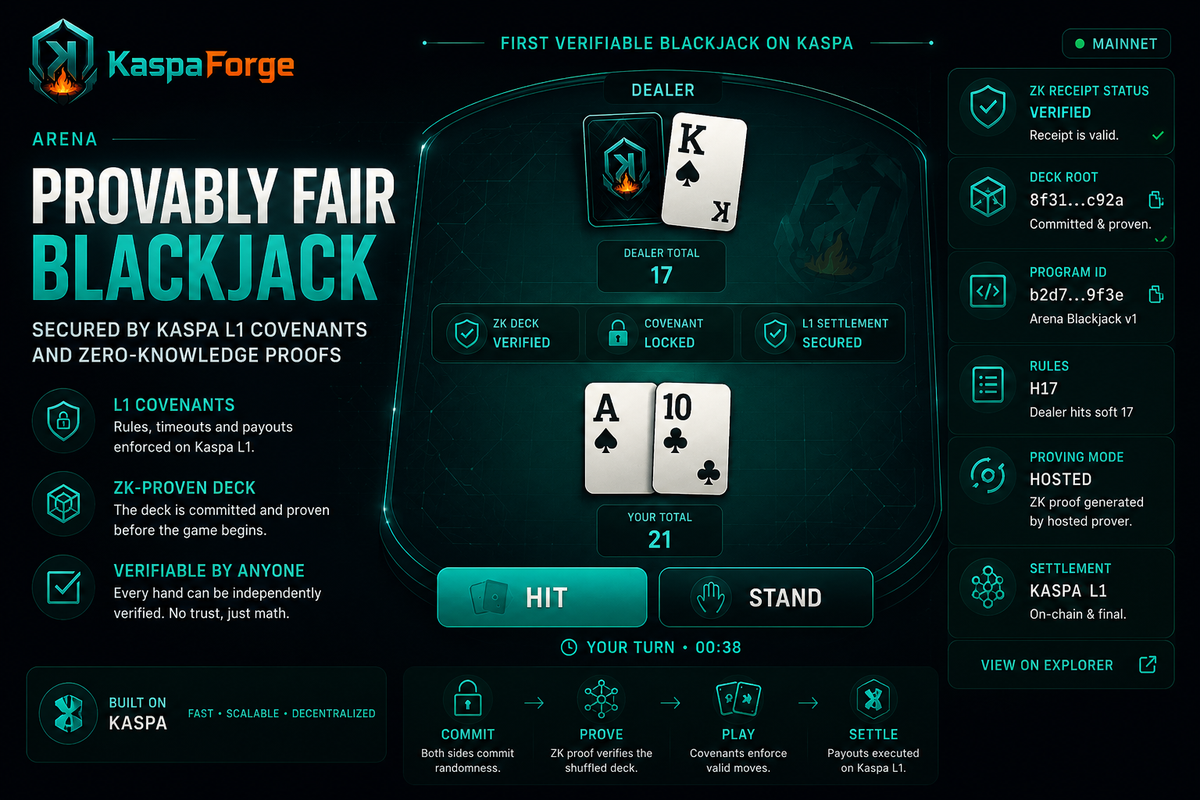 KaspaForge Arena — provably fair blackjack table with a ZK-verified deck, covenant status and HIT/STAND controls
